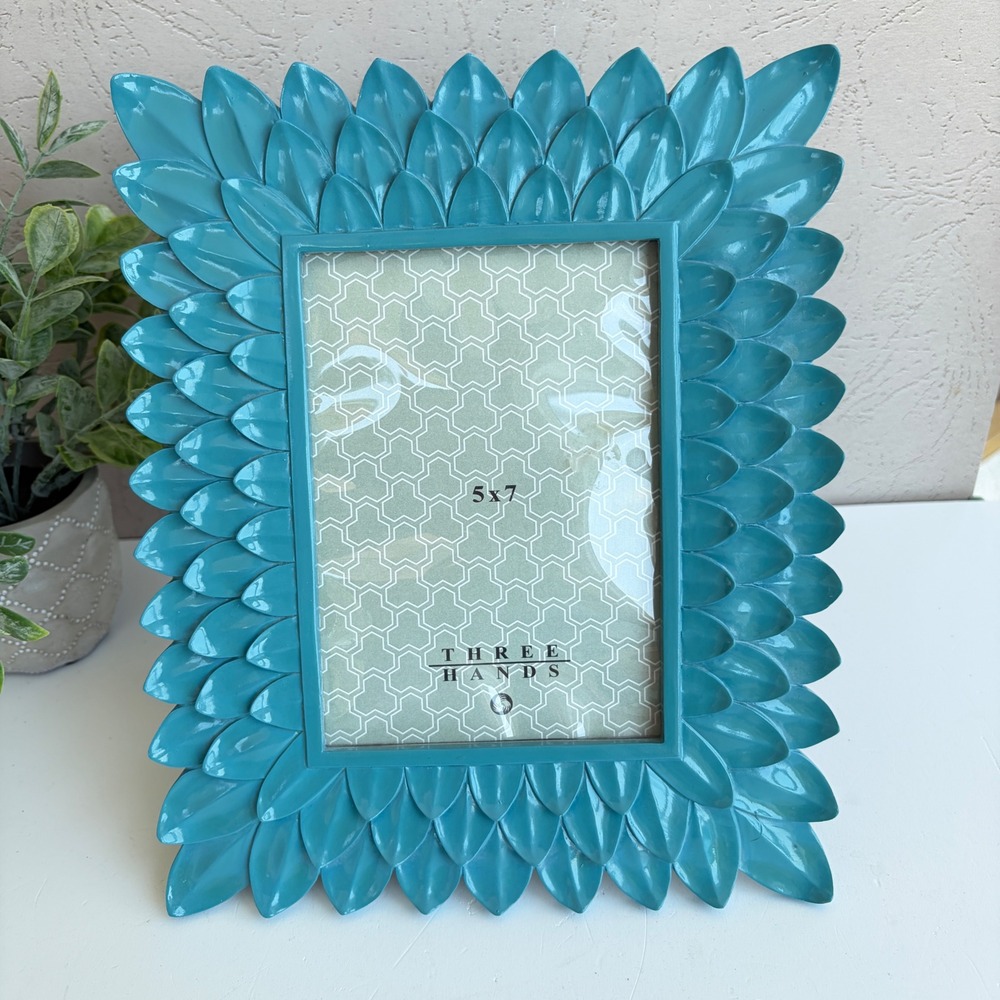 Three Hands Turquoise Metal Petal Leaf 5x7 Picture Frame Teal Glossy Rectangular